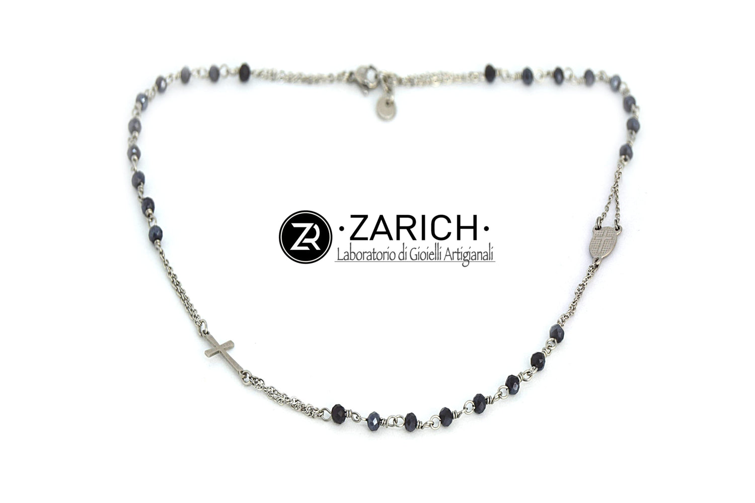 Black Swarovski Rosary Necklace with Medal