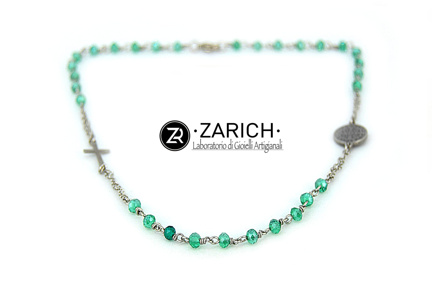 Swarovski Green Rosary Necklace with Medal