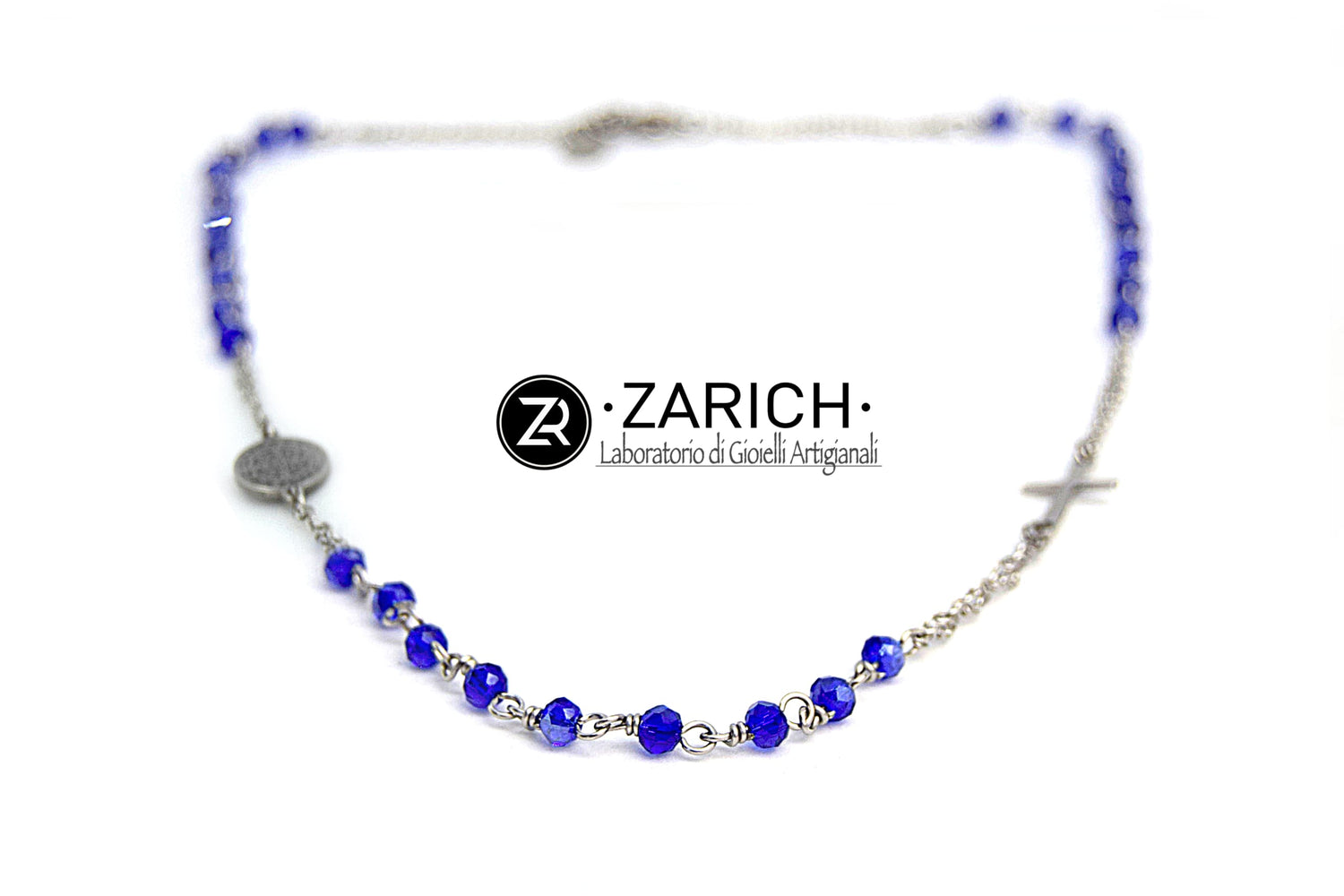 Swarovski Blue Rosary Necklace with Medal