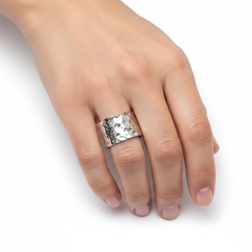 Bush-hammered silver ring