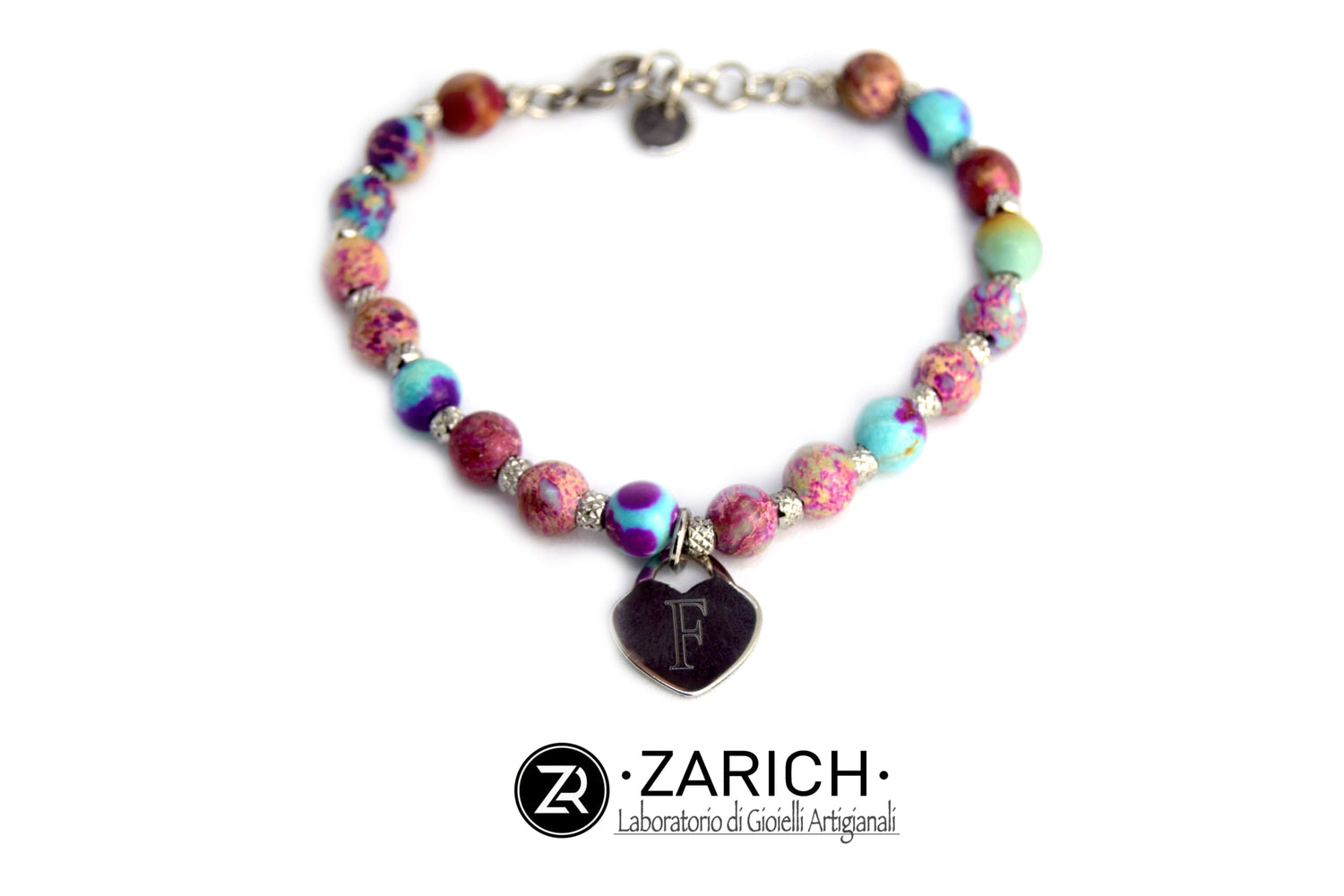 Bracciale Pink Diaspro imperiale e Cuore Inciso 6mm