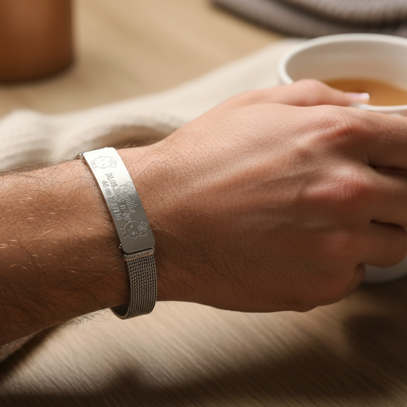Strap bracelet with engraved birth data plate