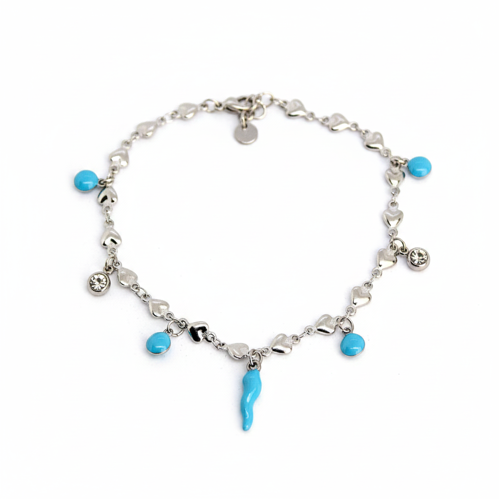 Cavigliera con pendenti colorati, punti luce e cornetto celeste