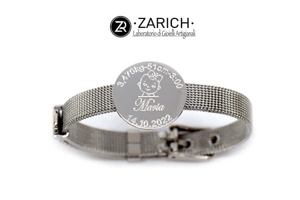 Strap bracelet with birth data on a round charm