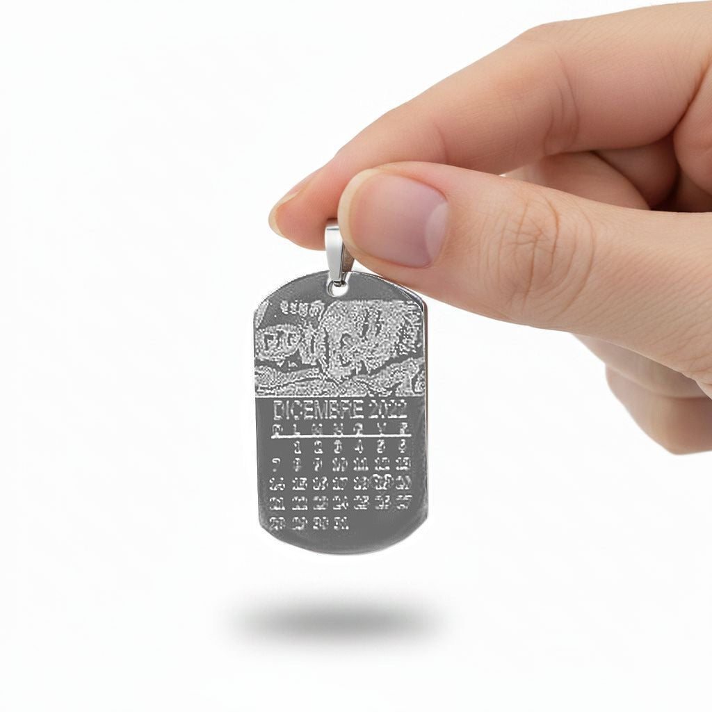 Ciondolo rettangolare con fotoincisione e calendario nascita
