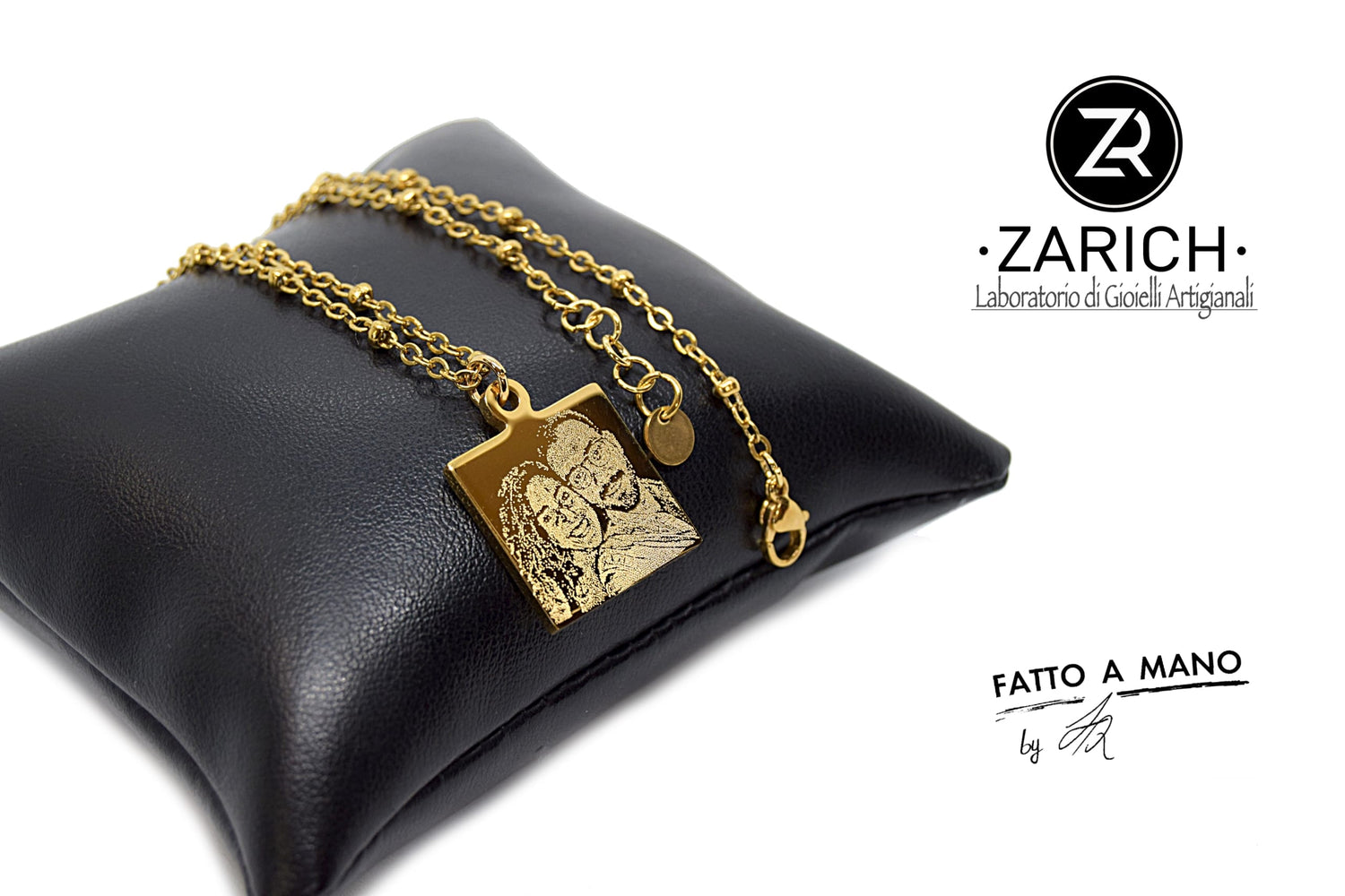 Gold necklace with square photo-engraved medal