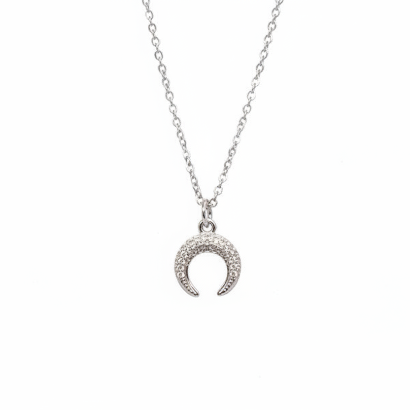 Zircon-studded half-moon necklace in silver and gold