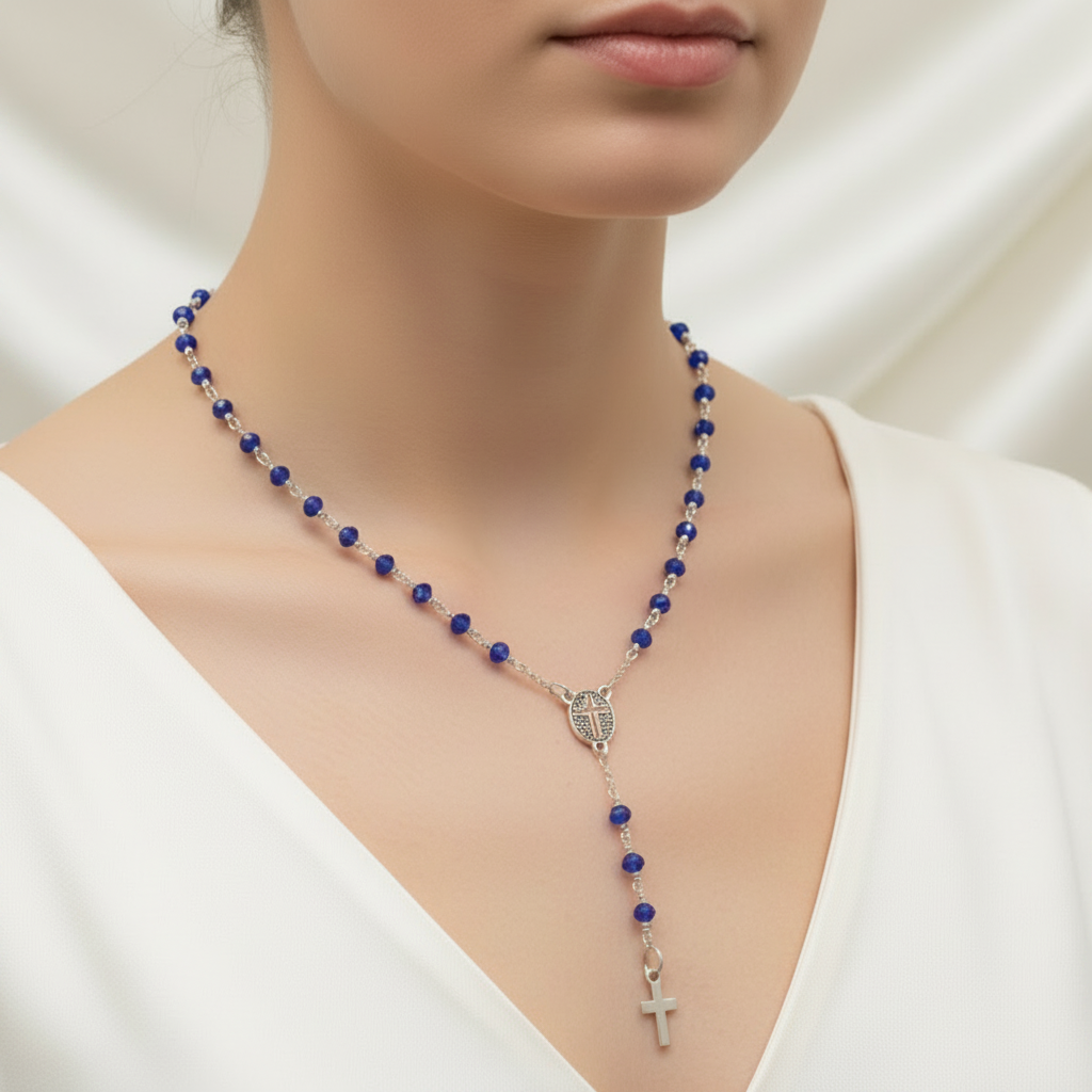 Rosary Necklace (50 beads) Sky Blue Swarovski