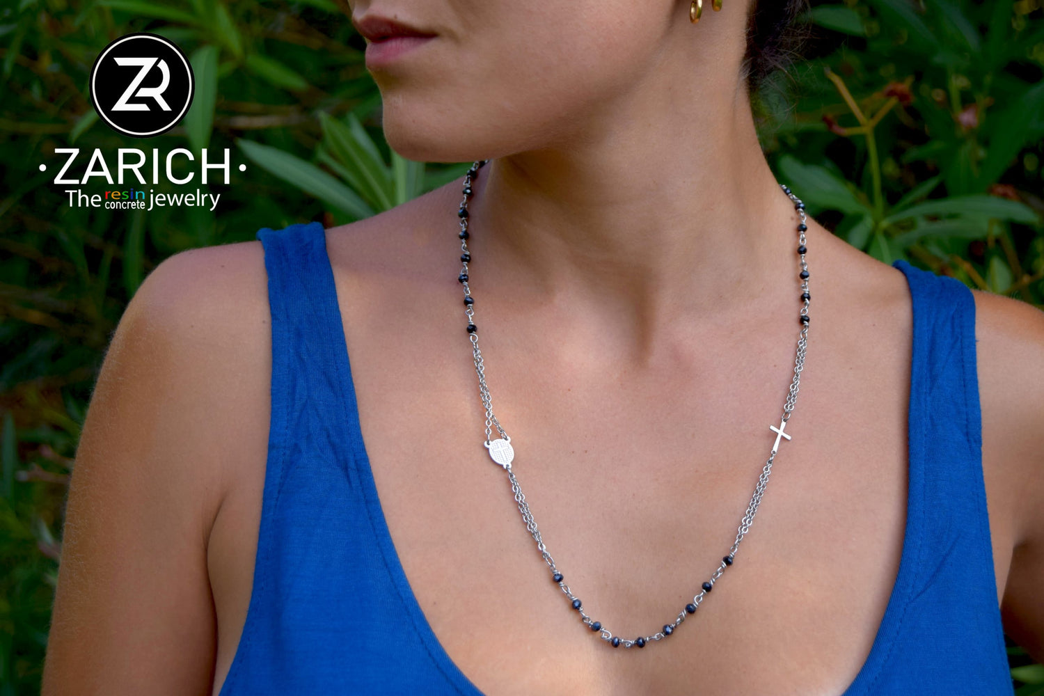 Black Swarovski Rosary Necklace with Medal