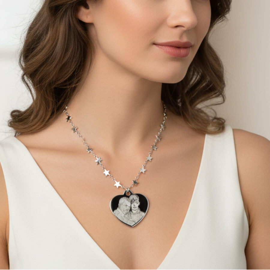 Engraved Photo Heart Stars Necklace
