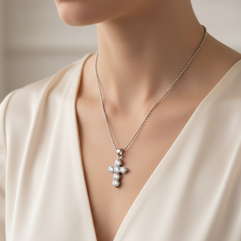 Beaded necklace with zircon cross