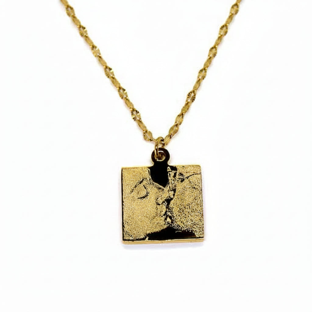 Engraved Photo Square Necklace Gold