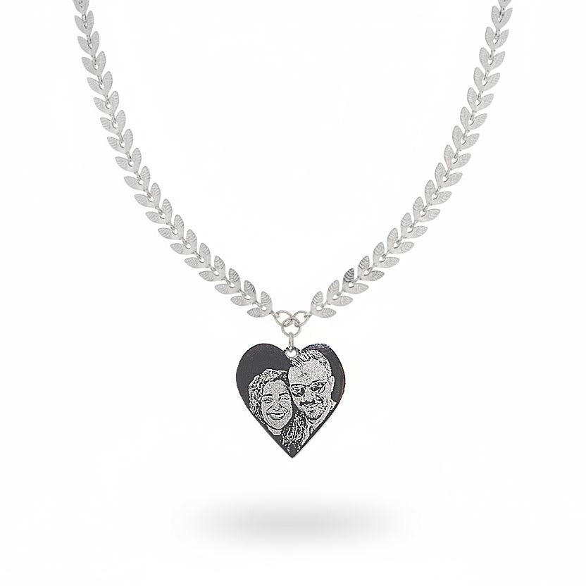 Collana foglioline con cuore fotoinciso