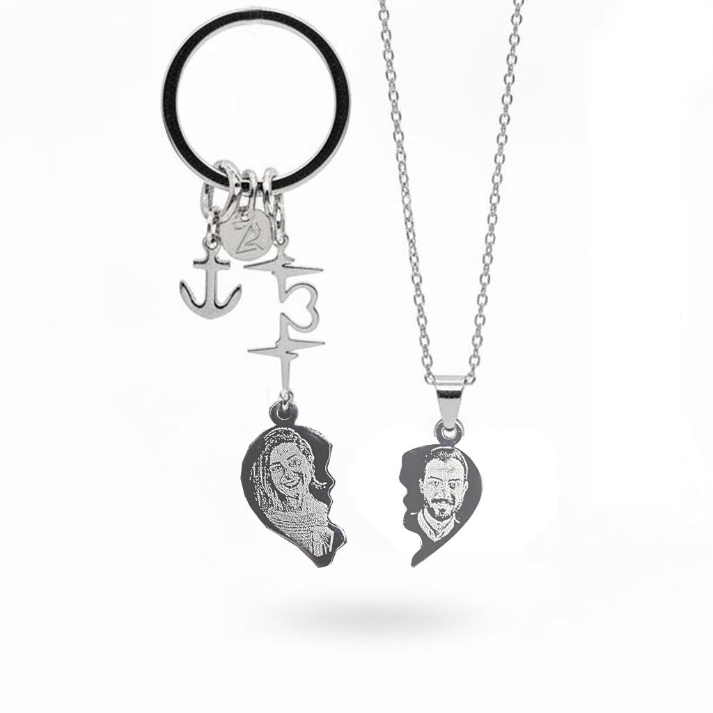 Metà cuore Portachiavi (Lui) e collana (Lei) Fotoincisi