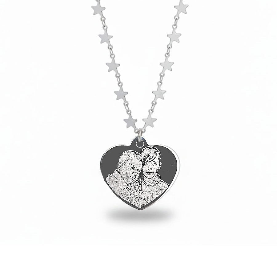 Engraved Photo Heart Stars Necklace