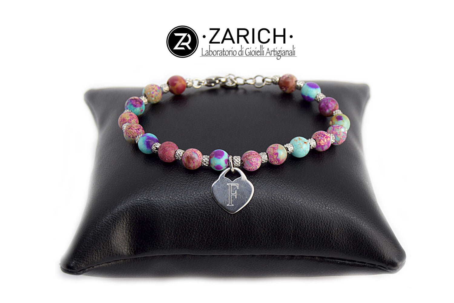 Bracciale Pink Diaspro imperiale e Cuore Inciso 6mm
