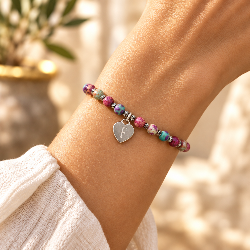Bracciale Pink Diaspro imperiale e Cuore Inciso 6mm