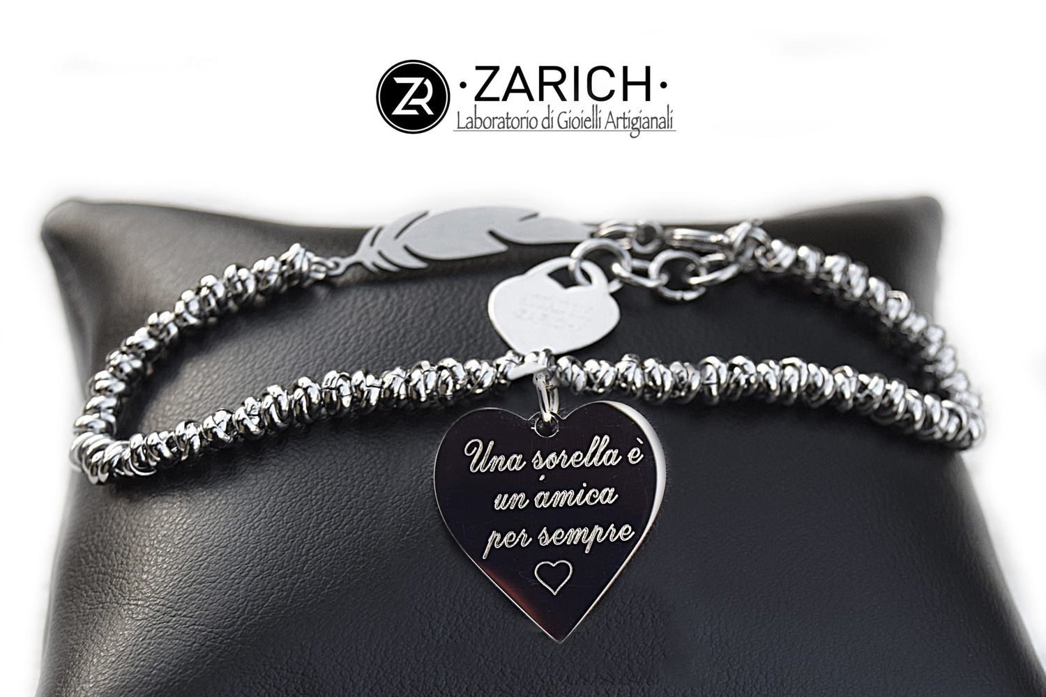 Bracciale Nodini Cuore inciso e Piuma