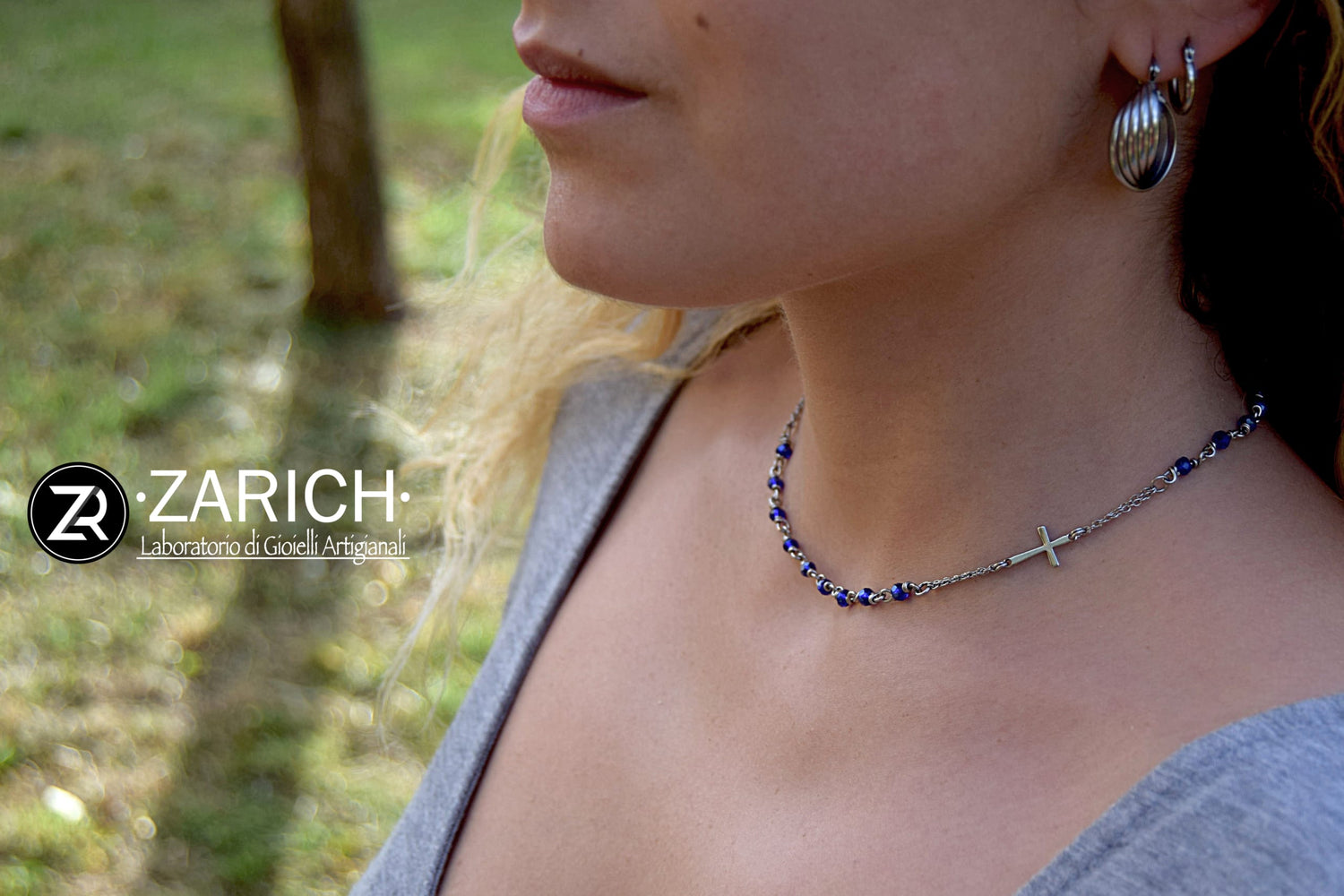 Swarovski Blue Rosary Necklace with Medal