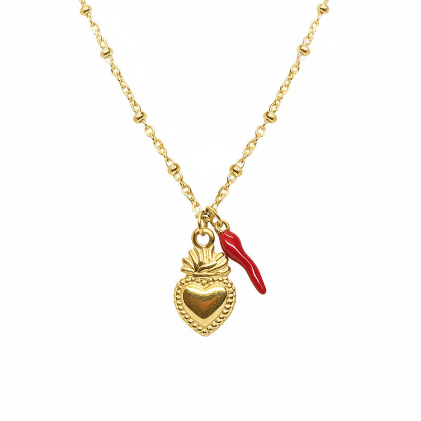 Sacred heart necklace with a little horn charm