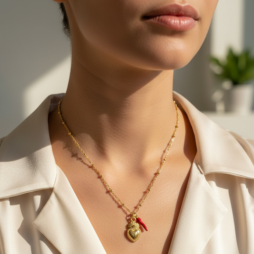 Sacred heart necklace with a little horn charm