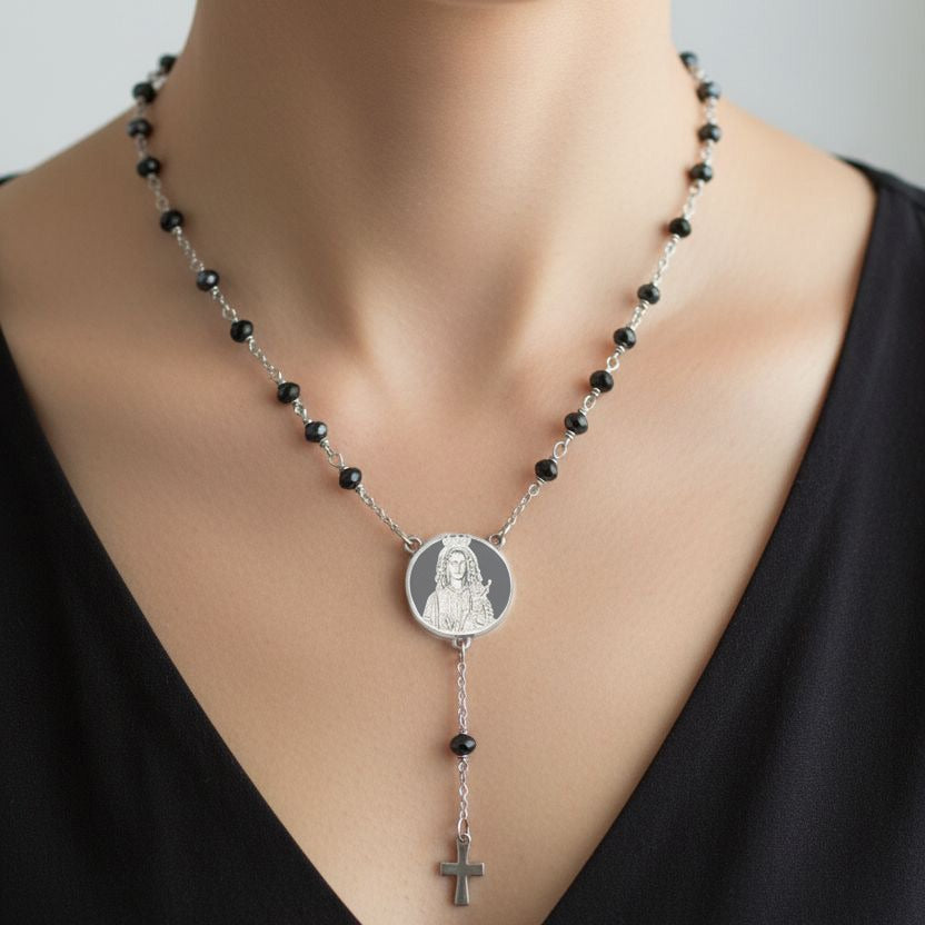 Rosary Necklace (50 beads) Swarovski Photo-engraved connector