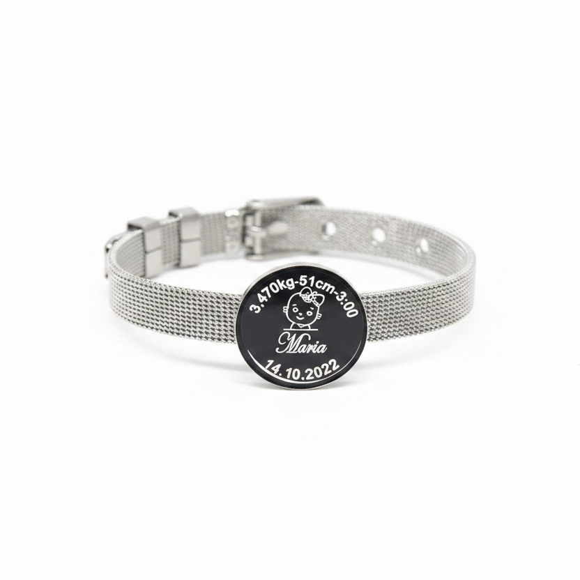 Strap bracelet with birth data on a round charm
