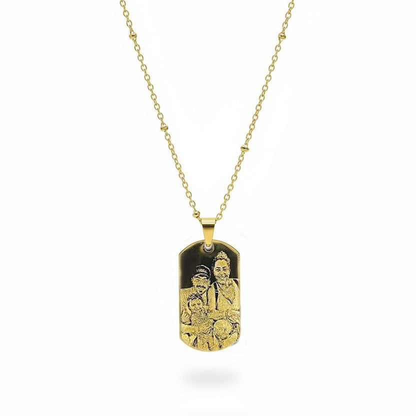 Gold engraved photo tag sphere necklace