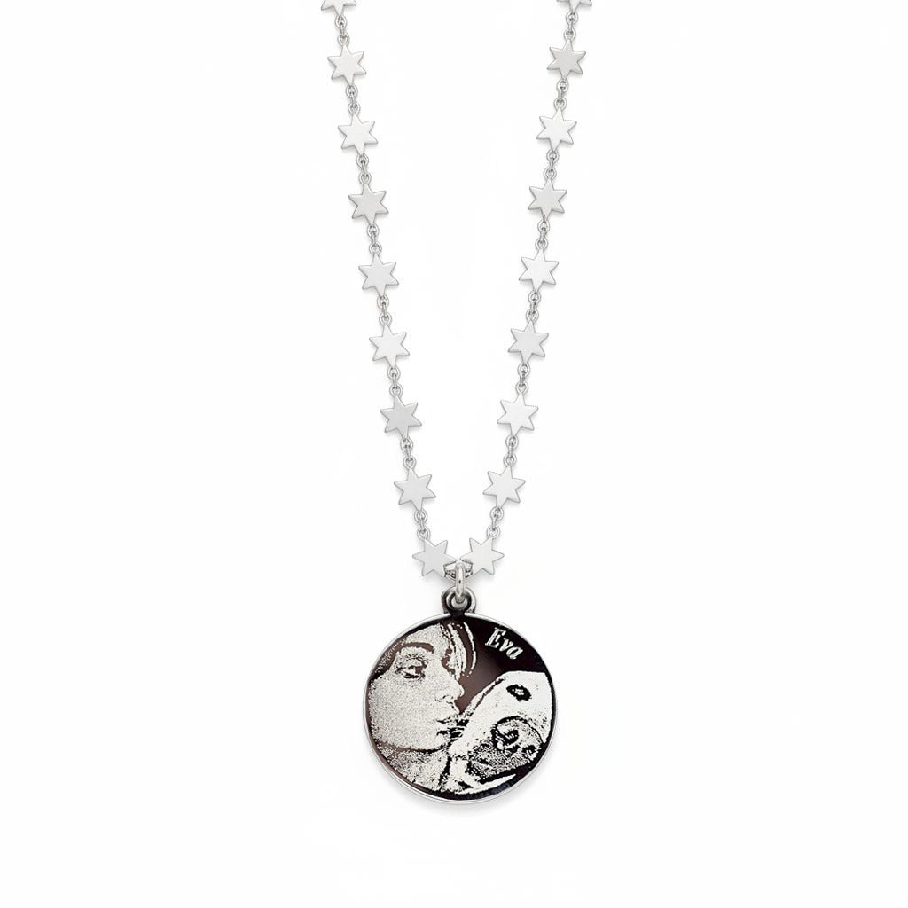 Necklace with Stars and Engraved Round Medal